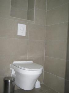 a bathroom with a toilet and a tile wall at Apartment Vidačak in Tisno +12 photos