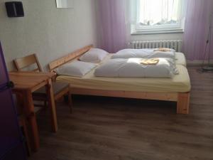 een slaapkamer met een bed met 2 kussens en een tafel bij Hostel im Osterzgebirge in Kurort Altenberg