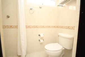 a bathroom with a toilet and a shower at Hotel Enterprise Inn Plaza in León