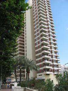 a tall building with palm trees in front of it at Apartamentos Acuarium II in Benidorm