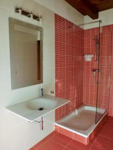 ein Badezimmer mit Waschbecken und Dusche mit Spiegel in der Unterkunft Casa Salto de Roldán in Apiés