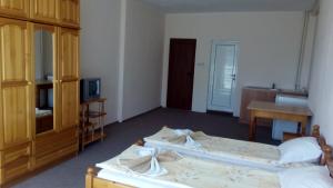 a bedroom with two beds and a desk and a television at Guest House Diamant in Sozopol