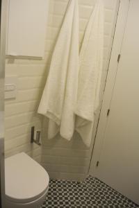 a white toilet sitting next to a shower curtain at Apartamentos San Agustín in Murcia