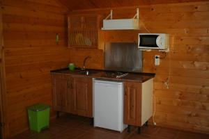 a kitchen with a sink and a microwave at Bungalows y Glamping Medina Sidonia in Medina Sidonia