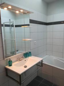 y baño con lavabo, espejo y bañera. en Gite du " bas du cru " en Romery