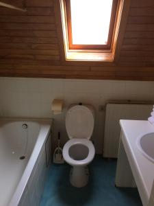 a bathroom with a toilet and a tub and a window at Logies De Wandelaar in Westende-Bad
