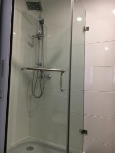 a shower with a glass door in a bathroom at Pension Haus Baron 2 Friedrichsfeld in Edingen-Neckarhausen +69 photos