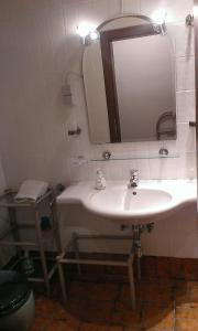 ein Badezimmer mit einem weißen Waschbecken und einem Spiegel in der Unterkunft Haus der Erholung Süd in Krems an der Donau
