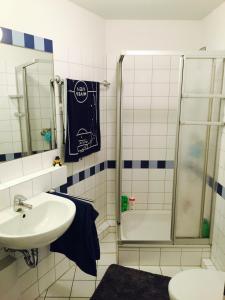 a bathroom with a sink and a shower at Ferienwohnung 210 Vitamar in Schmarren
