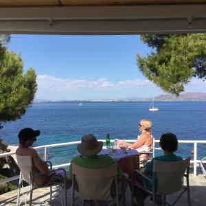 a group of people sitting at a table looking at the water at Rosys Little Village in Skala