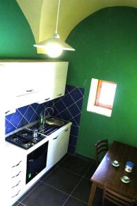 a kitchen with green walls and a sink and a table at CasaTua Punta Secca in Punta Secca