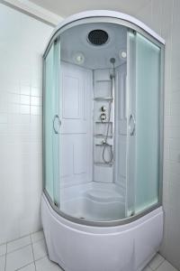 a shower with a glass door in a bathroom at Eliseeff Arbat Hotel in Moscow