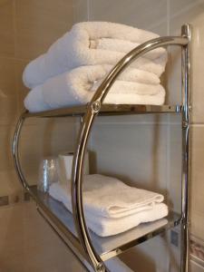 a towel rack with towels on it in a bathroom at Hôtel Le Bretagne in Vannes