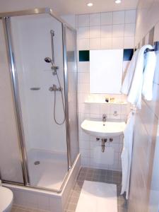 ein Bad mit einer Dusche und einem Waschbecken in der Unterkunft Wohnen beim Bäcker Weinberger in Ybbs an der Donau