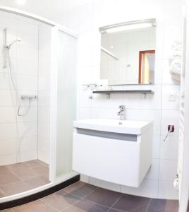 ein weißes Bad mit einem Waschbecken und einer Dusche in der Unterkunft Hotel the Wigwam in Domburg