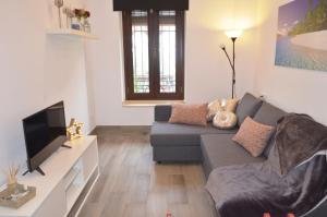 ein Wohnzimmer mit einem Sofa und einem Flachbild-TV in der Unterkunft Apartamento San Jacinto in Sevilla