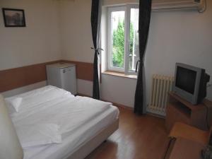 a bedroom with a bed and a tv and a window at Villa Carmelita in Craiova