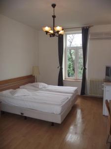 a bedroom with a white bed and a window at Villa Carmelita in Craiova