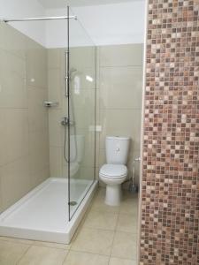a bathroom with a toilet and a glass shower at Georgia Hotel Apartments in Protaras +11 photos