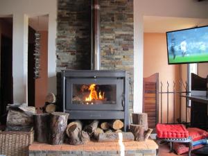 塞拉纳镇Cabaña Los Pololos的客厅设有壁炉,配有电视 更多49张照片