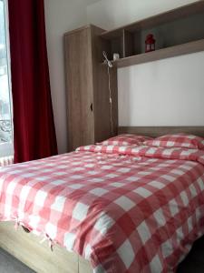 ル・モンドールにあるAppartement face aux Thermesの- 赤と白のチェックベッド1台(ベッドルーム内)