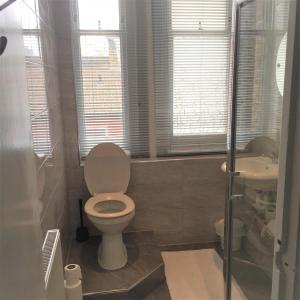 a bathroom with a toilet, sink, and shower stall at The Angerstein Hotel in London