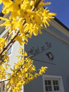 ein Gebäude mit gelben Blumen davor in der Unterkunft Hotel zur Post in Gumpoldskirchen