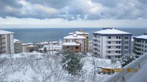 トラブゾンにあるEvim Trabzon Apartmentの雪の中の建物と海