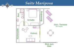 a floor plan of a small apartment with at Suite Mariposa Finca Montimar in Chio