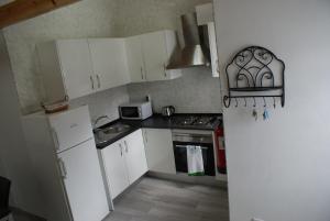 a small kitchen with white cabinets and a refrigerator at Cantinho do mar in Urzelina