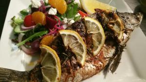 a plate of food with fish and a salad at Cattleman's Rest Motor Inn in Charters Towers