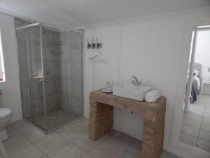 a bathroom with a sink and a shower at Sipreslaan Selfsorg Gastehuis in Ladismith