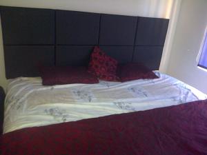 a large bed with red pillows on top of it at Durban Accommodation 118 Summersands in Durban +16 photos
