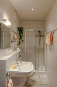 ein weißes Bad mit einer Dusche und einem Waschbecken in der Unterkunft Gästehaus Hanewald in Bad Dürkheim