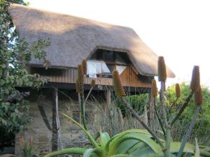 una casa con tetto di paglia e tetto di paglia. di Driftwood Treehouse a Sunrise-on-Sea