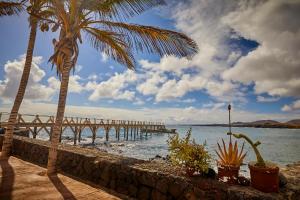 a beach with two palm trees and a pier at Eco Casa Gaviota in Arrieta