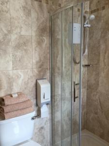 a bathroom with a shower and a toilet with a glass door at Atlantic Guest House in Donegal