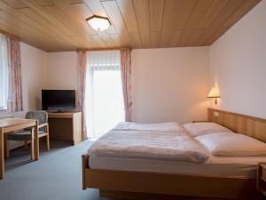 een slaapkamer met een bed, een bureau en een televisie bij Landgasthof Adler in Utzmemmingen