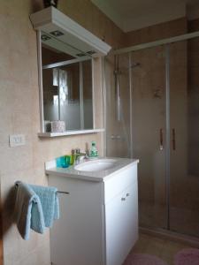 ein Badezimmer mit einem weißen Waschbecken und einer Dusche in der Unterkunft B&B Casa Perini in Villa Vicentina