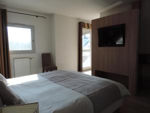 a bedroom with a large bed and a television at Au Moulin des Ecorces in Dole