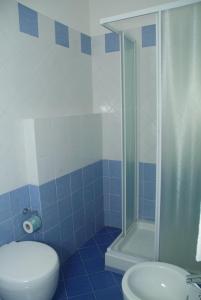 マリーナ・ディ・グロッセートにあるC.A.V. Residenza Priscoの青と白のバスルーム(トイレ、シャワー付)