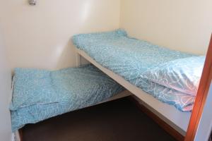 two beds in a small room with blue sheets at Butterworth Accommodation in Castlemaine