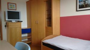 a bedroom with a bed and a tv on a cabinet at Ferienwohnung Schwäbische Alb in Justingen