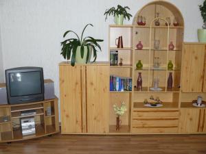 a living room with a tv and a wooden book shelf at Ferienwohnung Rampitz in Rampitz