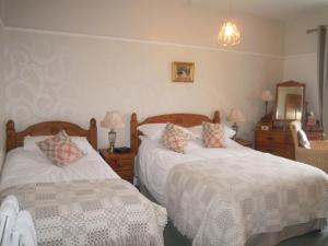 a bedroom with two beds and a mirror at Gogarth hall Farm holidays in Pennal