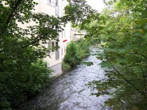 ein Fluss neben einem Gebäude neben einem Gebäude in der Unterkunft Apartment am Bach in Augsburg