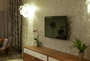 皮耶什佳尼的住宿－WELLNESS HOTEL LÖWE，一间设有镜子和梳妆台的房间