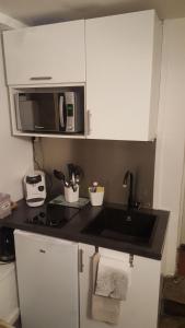 a kitchen with a sink and a microwave at Une pause in Dijon