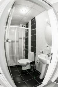een badkamer met een toilet, een wastafel en een spiegel bij Grand Hurriyet Hotel in Istanbul