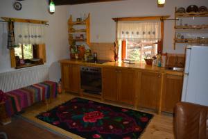a kitchen with wooden cabinets and a rug on the floor at Cabana Logolda in Cavnic